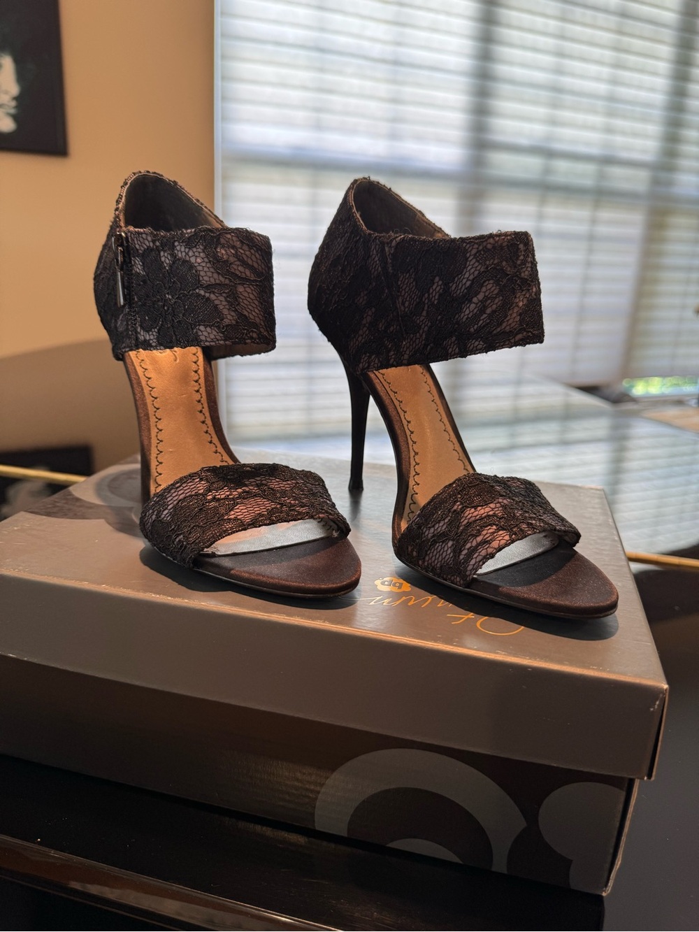 Black Lace Ankle-Strap Stiletto Sandals